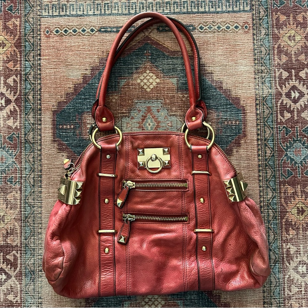 Betsey Johnson Gold Stud Red Leather Satchel Purse